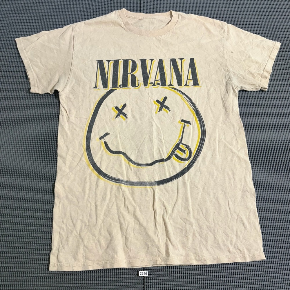 Nirvana Graphic T-Shirt Tan Beige Smiley Face Logo Size M Mens Short Sleeve
